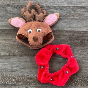 Pet Reindeer Costume Set Antler Hat with Red Neck Scarf